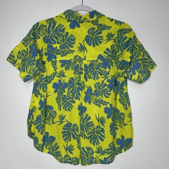 Style Co Shirt Button up Yellow Blue Floral Hawaiian Tropical Size L Tie Waist - Picture 5 of 10